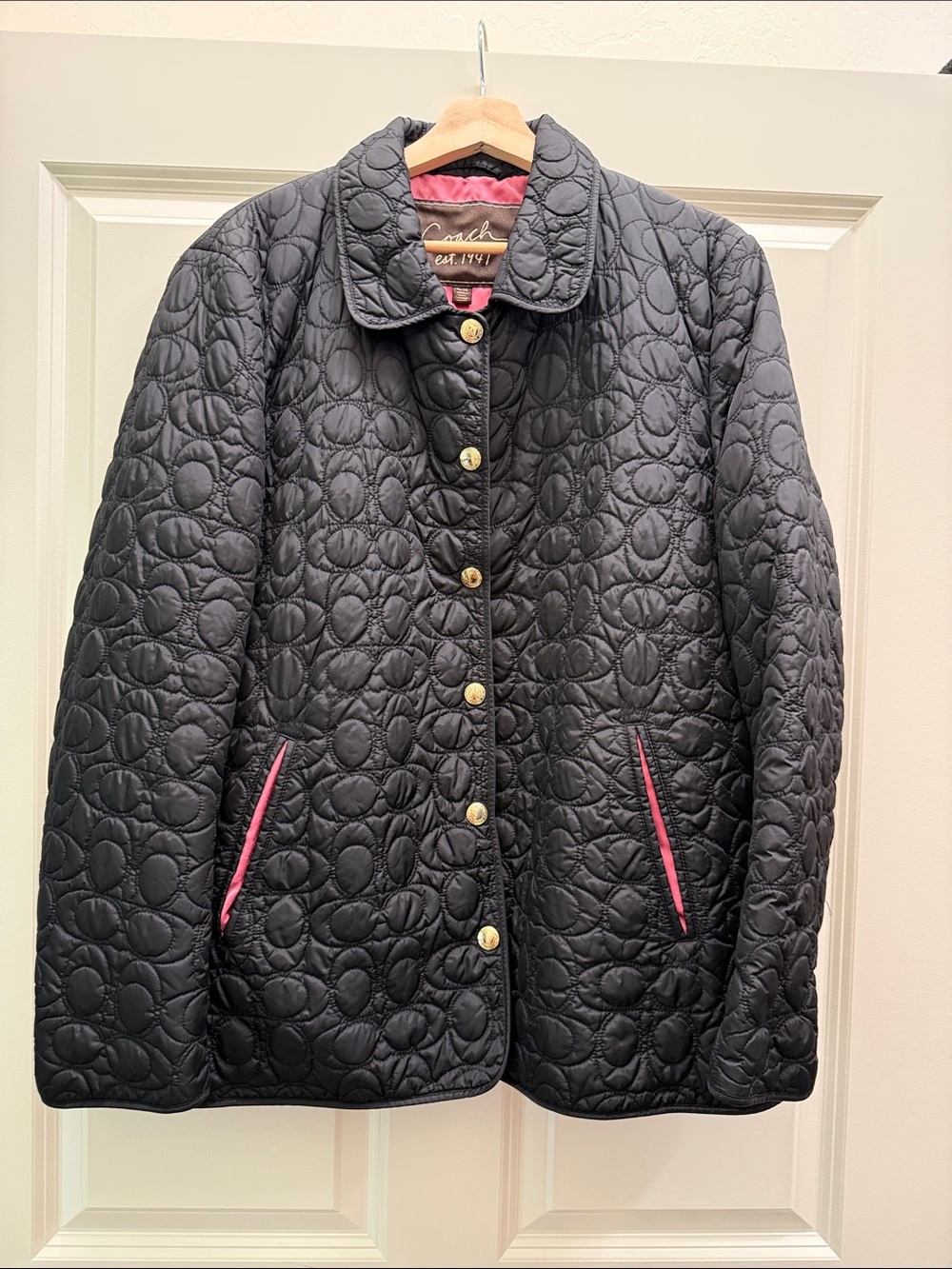 Coach Quilted Black Puffer Jacket with Pink Pocket Trim